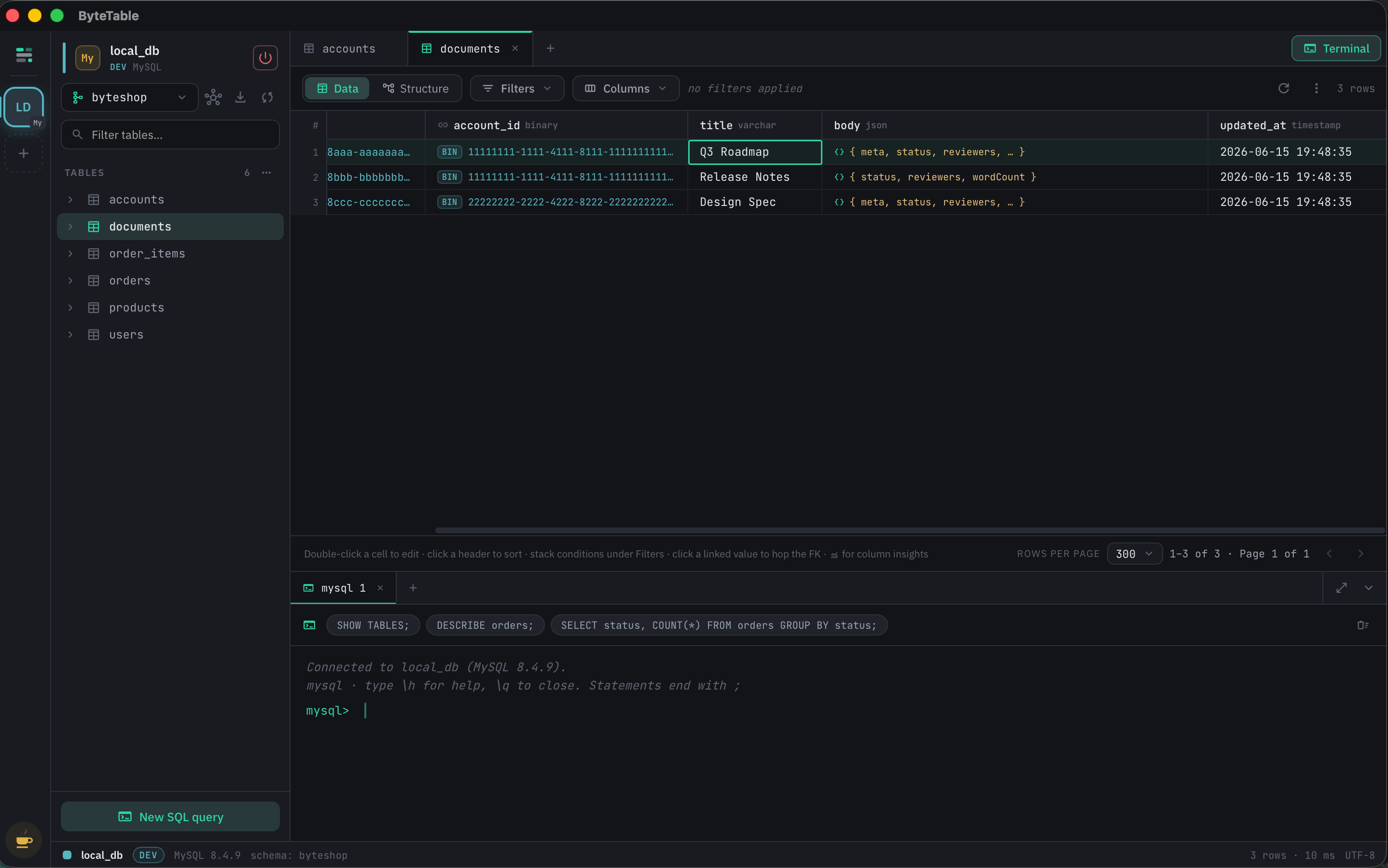 Built-in SQL terminal